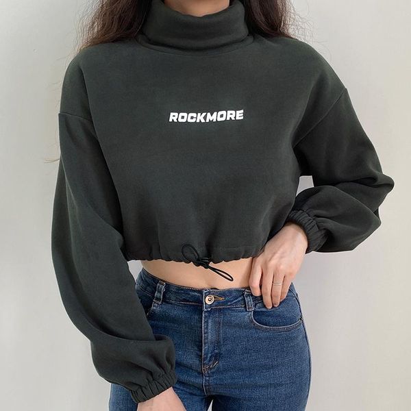 

letter print turtleneck hoodie women long sleeve crop sweatshirt autumn drawstring casual sweat shirt streetwear women's hoodies & swea, Black
