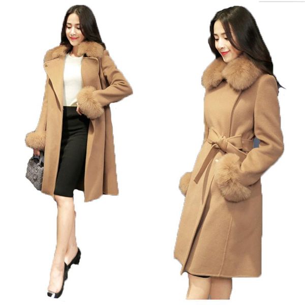 

women's wool & blends woolen coat women yellow gray pink autumn winter korean long sleeve temperament slim plus thick warmth clothing j, Black