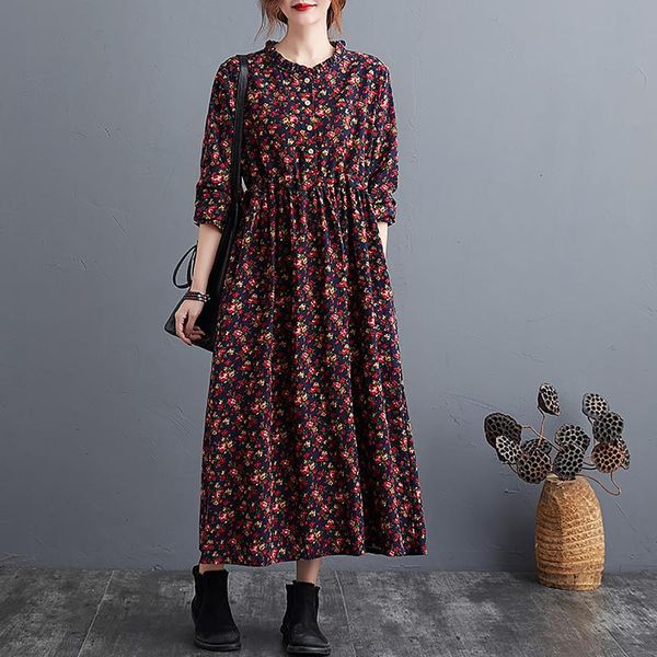 

casual dresses 2021 women autumn vintage print long sleeve retro cotton maxi robe tunic floral big plus size vestido kaftan, Black;gray