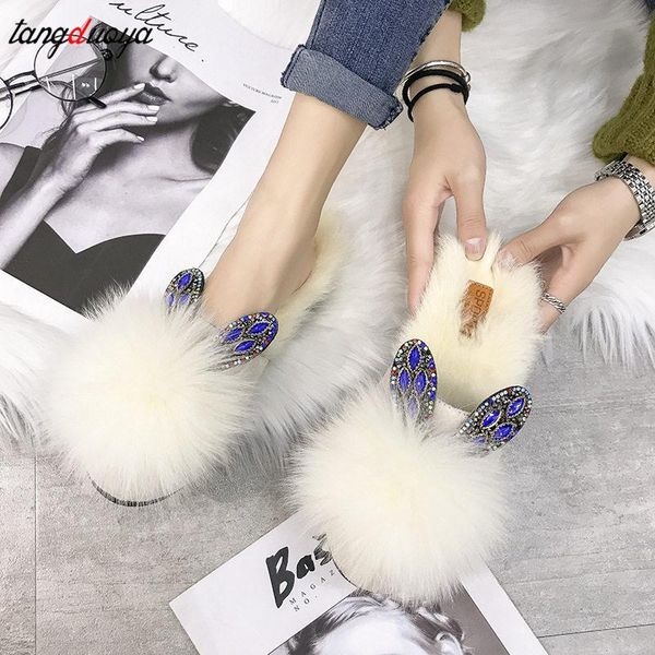 

korean home fur slippers flat outside wear ears half slipper warm cotton lady cute plush hair fluffy sandals, Black