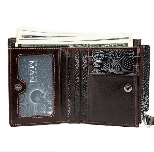 

men's oil wax leather wallet card holder multi-card retro zipper genuine leathers clip wholesale 009