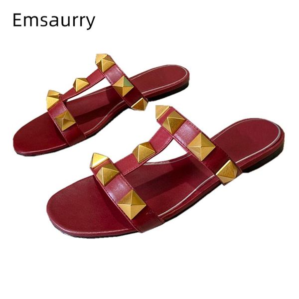

slippers rivet decor t-strap women's flat heel genuine leather fretwork open toe slip-on runway summer mules lady, Black