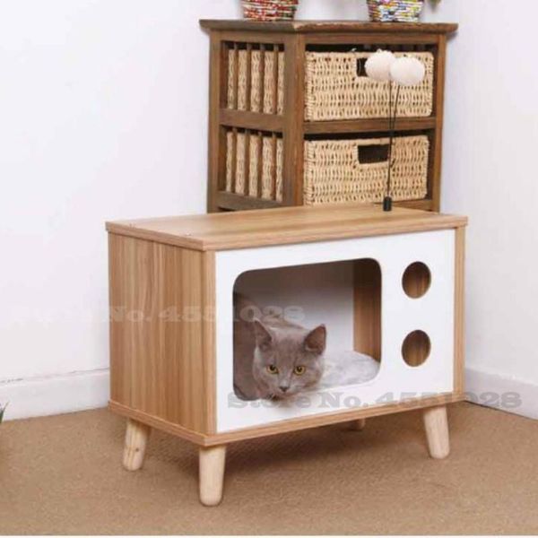 Camas de gato Móveis Pet Wooden House Color Living Kennel com varanda Durável Quadro de escalada com quadro de escalada Post Acessórios