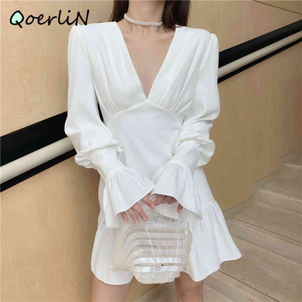

dress woman evening new french deep v neck ruffles above knee length zipper elegant party white female plus size, Black;gray