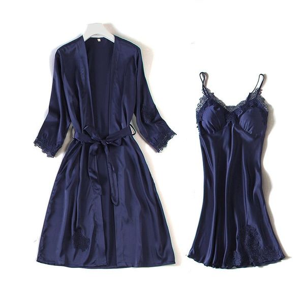 

women's sleepwear women satin lace summer 2pcs set lady casual bathrobe lingerie nightdress lounge backless thin, Black;red