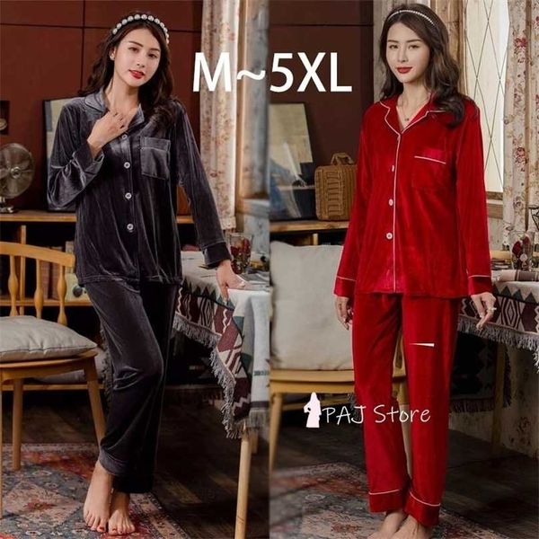 

5xl velvet pajamas warm women set winter home clothes homewear nightwear cardigan large size pyjamas nightie 211109, Black;red