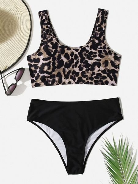 

plus leopard scoop neck high waisted bikini swimsuit k7rt#, Black