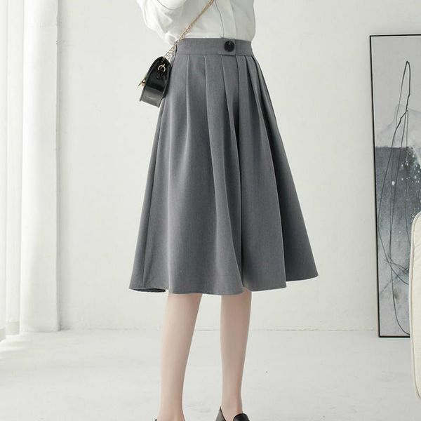 

skirts japanese style high-waisted preppy midi pleated skirt vintage solid black/gray button zipper a-line knee length
