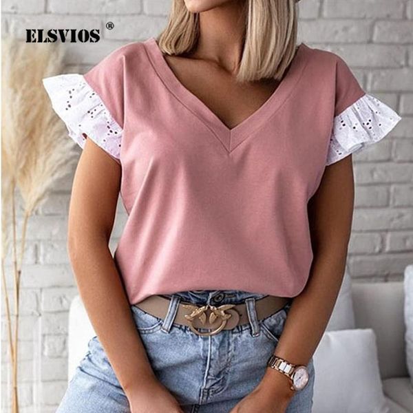 

women's t-shirt women casual v neck short-sleeve solid summer 2021 fashion lace patchwork ladies elegant slim spring office, White