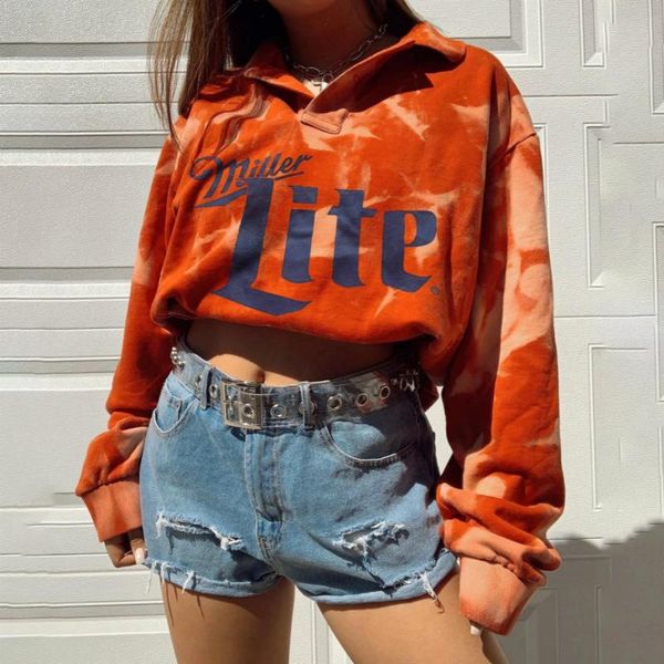 

winter women's long sleeve loose tie dyed letter printed sweatshirt collar harajuku hoodie hoodies & sweatshirts, Black