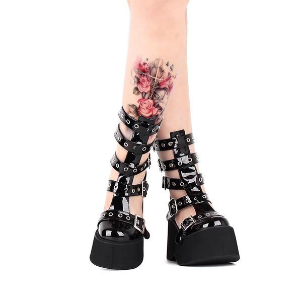 

women lolita gothic high heel muffin platform shoes girl summer boots sandals japan harajuku black punk cosplay