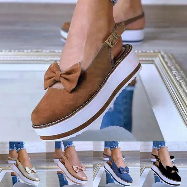 

women summer shoes fashion butterfly-knot solid fringe cover heel flat platform casual ladies plus size sandals 43, Black