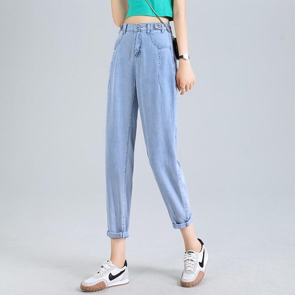 

women's jeans high waist loose leisure harem pants buttons streetwear straight trousers baggy ladies female 2021, Blue