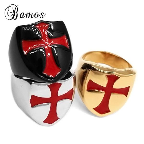 Cluster Ringe Bamos Punk Ritter Templer Edelstahl Für Frauen Männer Vintage Rote Emaille Kreuz Finger Ring Mode Schmuck Geschenk