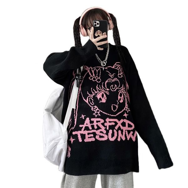 

women's sweaters moda coreana retalhos camisola feminina oversized solto pulÃ´ver outono inverno quente harajuku doce anime jumper menin, White;black