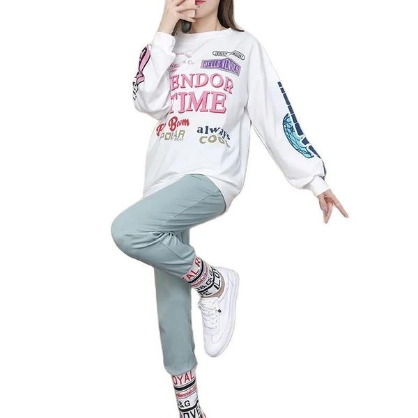 

women's two piece pants fashion set women sports and leisure 2021 hip-hop printing autumn loose clothing with, White