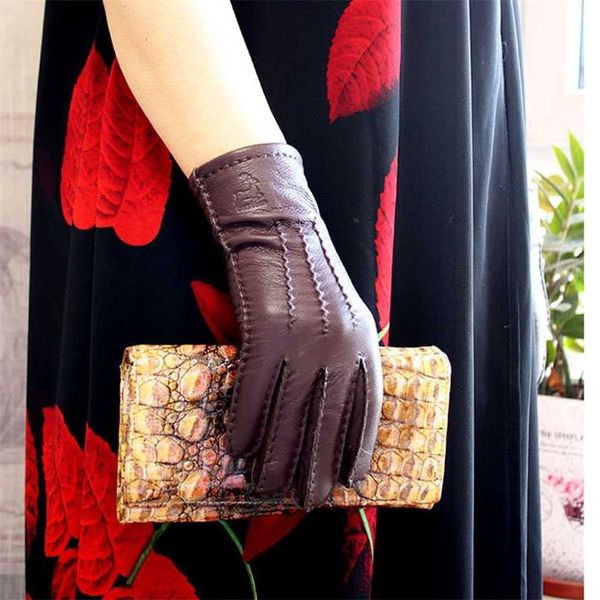 

deerskin gloves women' thin wool lining hand-stitched autumn warm outdoor travel black ladies driving leather gloves 220112, Blue;gray