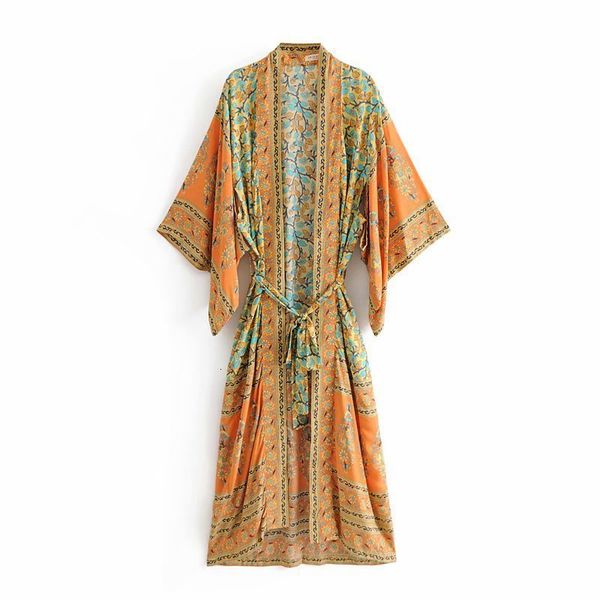 

casual dresses women floral printed bohemian long kimono cardigan blouses sashes boho flare sleeve beach holiday maxi shirts cover-ups vafa, Black;gray