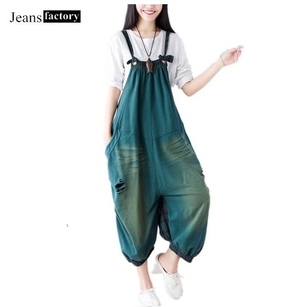

women's jumpsuits & rompers jumpsuit women printed denim hole jeans vintage cotton wide leg pant female drop crotch plus size solid col, Black;white
