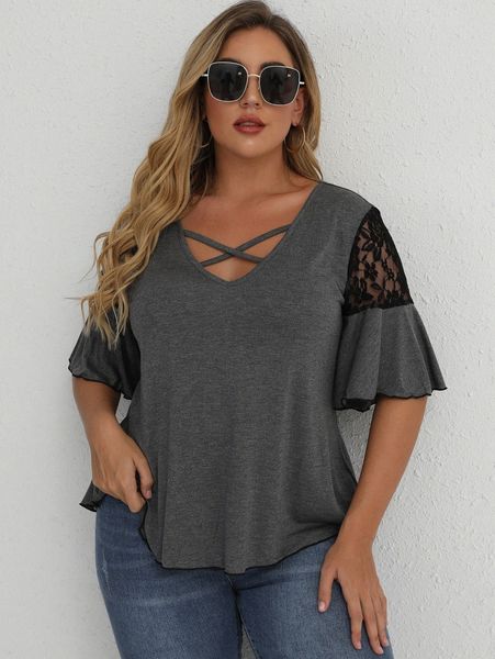 

plus criss-cross lace panel tee 78tp#, Black