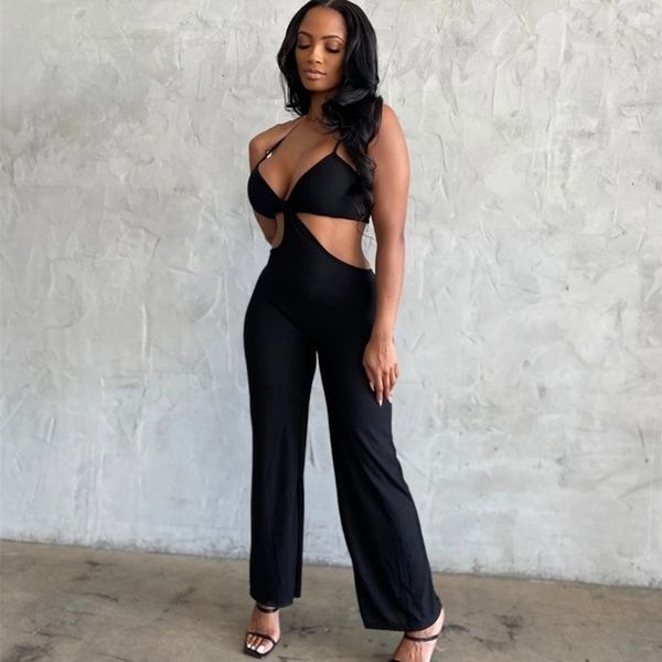 

women's jumpsuits & rompers backless summer women jumpsuit solid sleeveless strap bandage deep v straight trousers elegant cut out, Black;white
