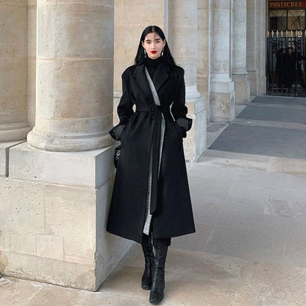 

wool coat women's autumn and winter 2021 black stitching plaid hepburn style long waist high-end dress woman & blends