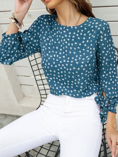 

ditsy floral keyhole back knot cuff blouse z4y4#, White