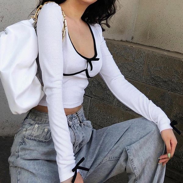 

women's t-shirt retro women t-shirts long sleeve crop woman autumn undershirts vintage square collar cute bow slim tees ropa de muj, White