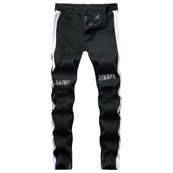 

wimilous men's jeans ripped hole side white stripe stitching, Blue