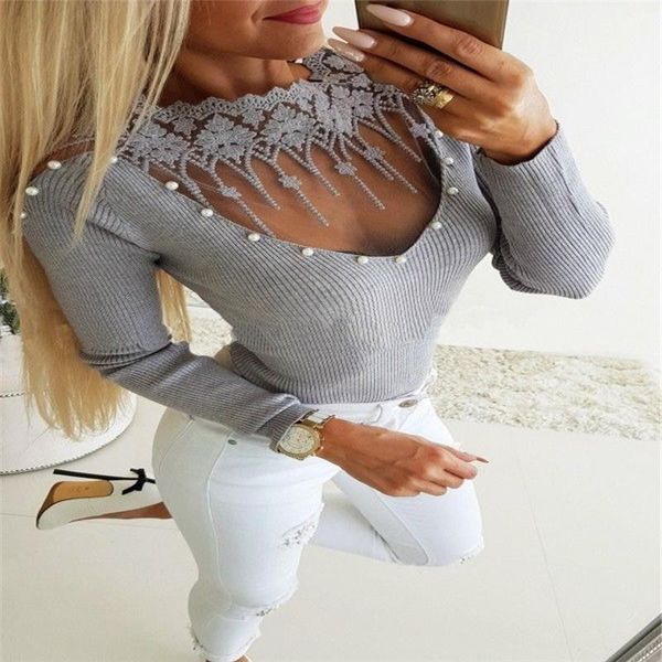 

women's sweaters 2021 style fashion lace long sleeve patchwork slim fit casual beading crew neck sweater, White;black