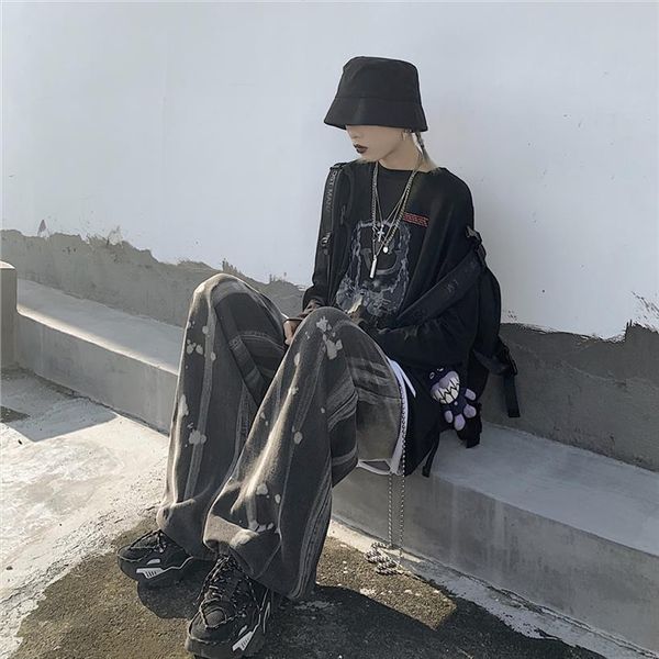 

plus size oversized baggy punk women pants hip hop tie dye loose pant woman man streetwear harajuku jeans korean hippie, Black;white