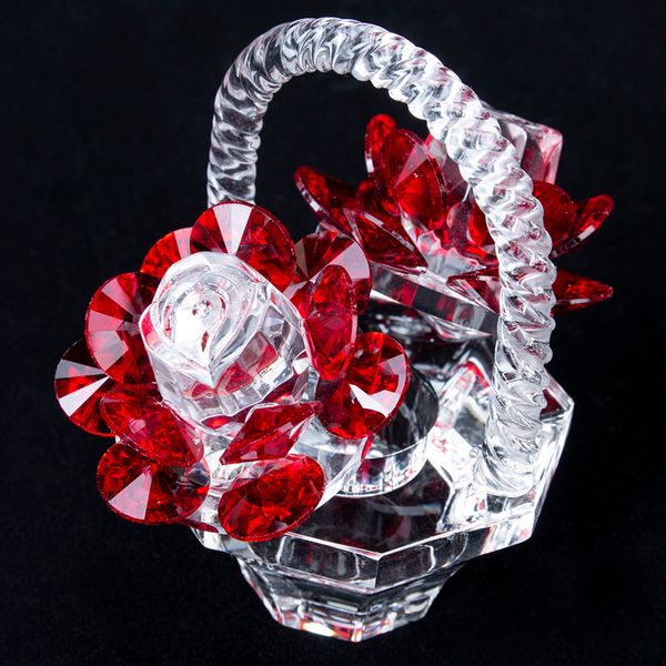 HD Crystal Red Rose Flower Basket Figurine Art Glass Collectible Craft Gift Dreams Ornament for Home Decor Table Centerpiece 210318