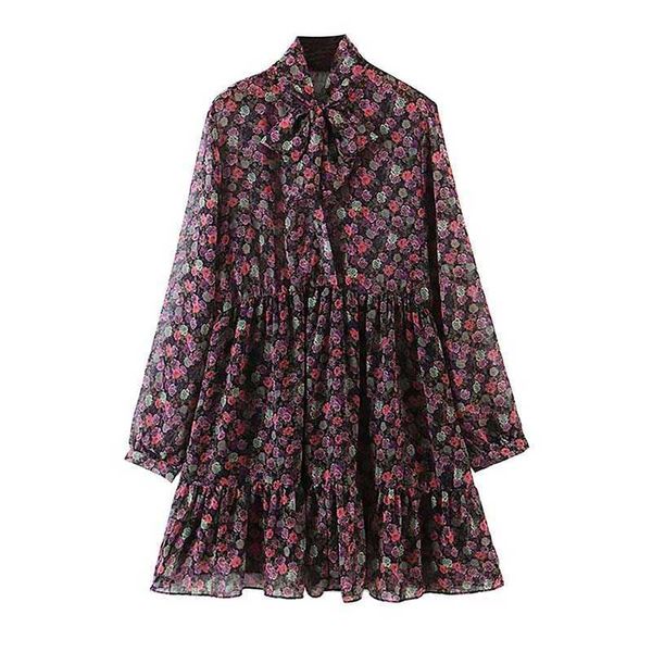 

floral print chiffon ruffle folds bandage long sleeve dress women casual boho loose streetwear beach holiday party mini dresses 210608, Black;gray