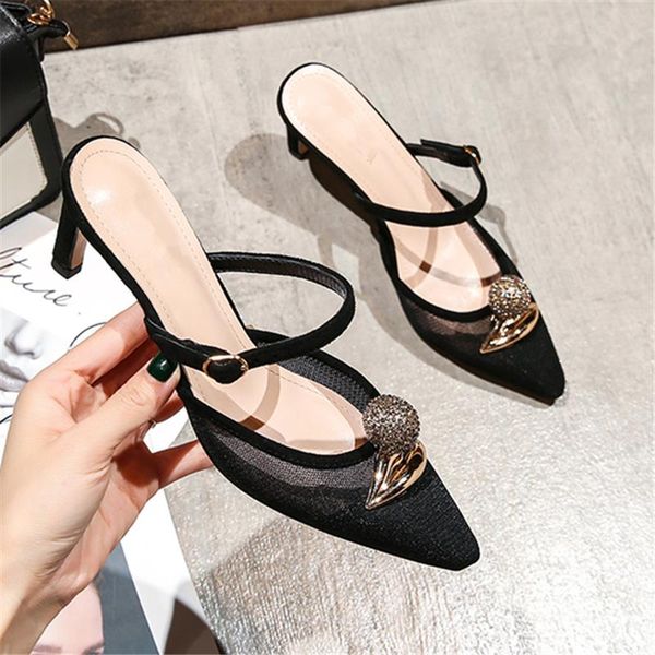 

slippers metal decor shoes woman high heels women chaussures femme pointed toe summer ladies slides slip on zapatos mujer, Black