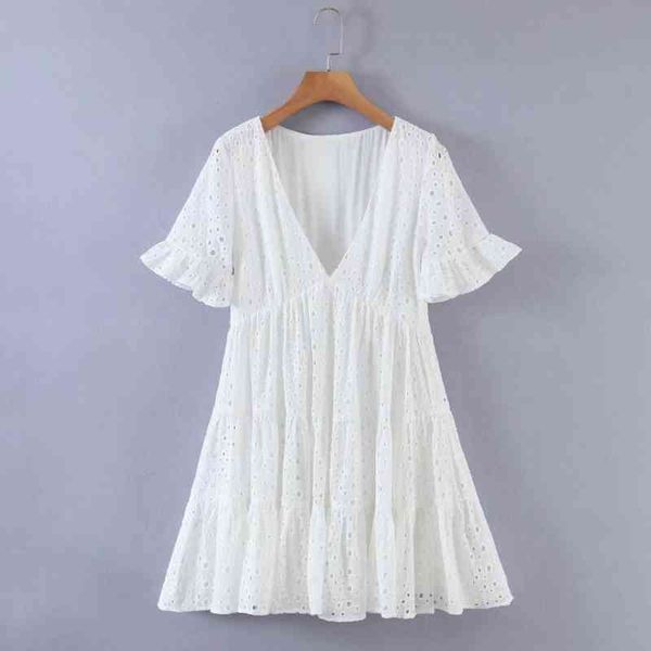 

summer women hollow embroidery deep v neck mini dress female short sleeve clothes casual lady loose vestido d7385 210430, Black;gray