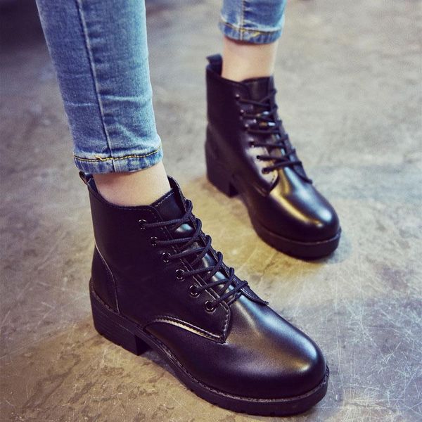 

boots female winter ankle motorcycle rounded toes and heels casual warm shoes, Black