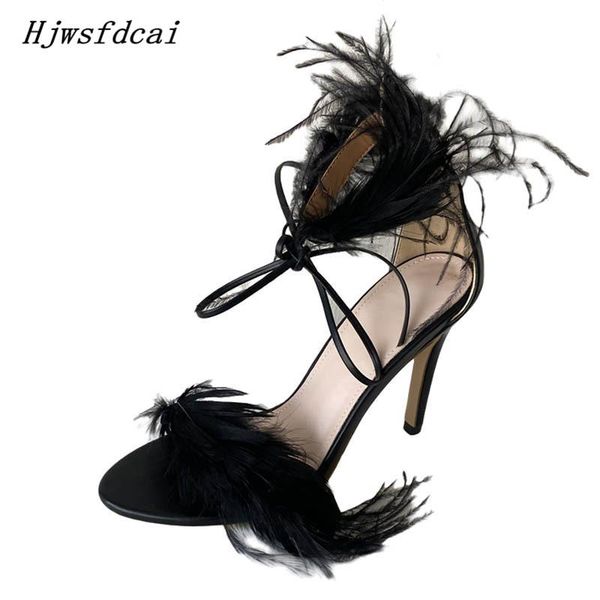 

sandals hjwsfdcai 2021 fashion women summer open toe thin heels shoes roman lace-up party butterfly-knot feather gladiator, Black