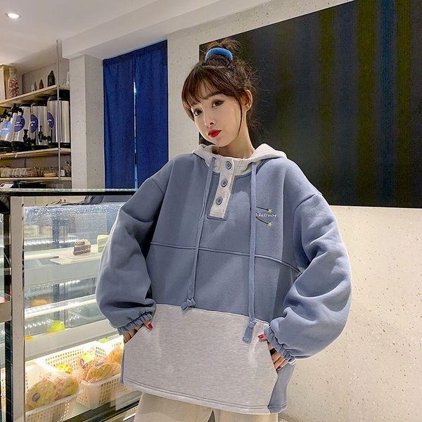 

women's hoodies & sweatshirts plus velvet hooded female color matching students all-match button coat jacket ins tide women, Black