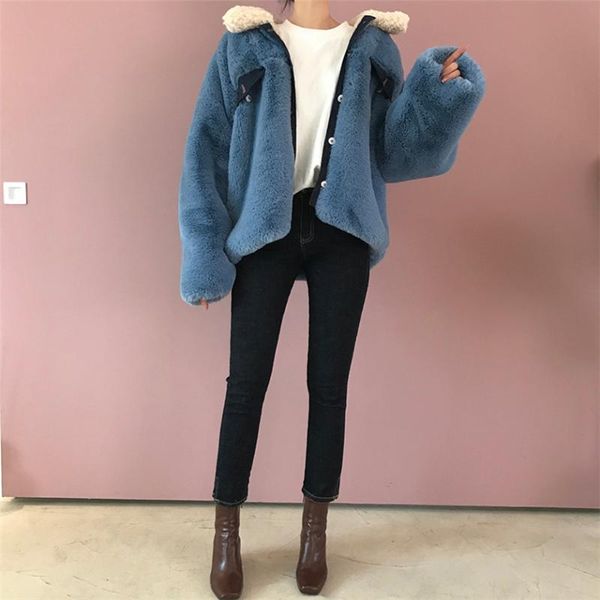 

women's fur & faux jacket fashion splicing denim vintage korean imitation plush heavy hairy overcoat 2021 winter ladies coat, Black