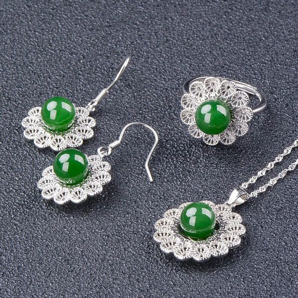 

natural jasper green jade pendant with 925 sterling silver necklace ring earing jewellery set bracelet, earrings &, Black