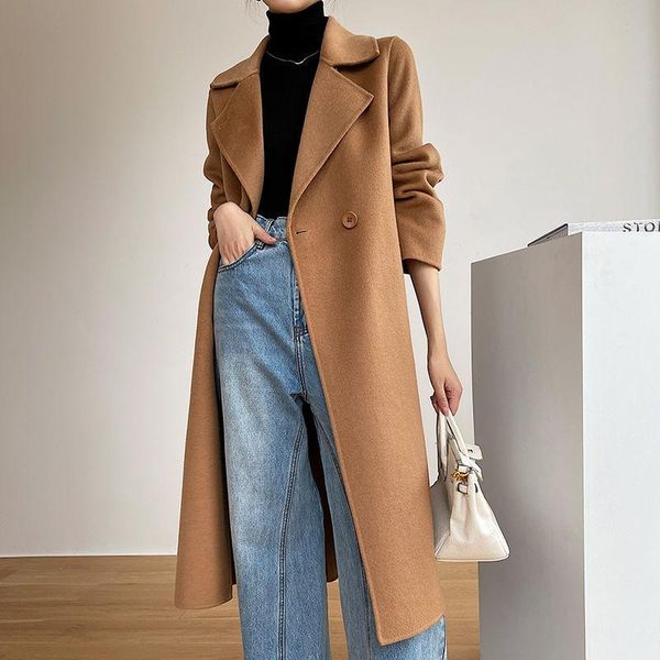 

women's wool & blends autumn winter woman long sleeve outerwear female simple solid coats ladies elegant lapel warm jacket a293, Black