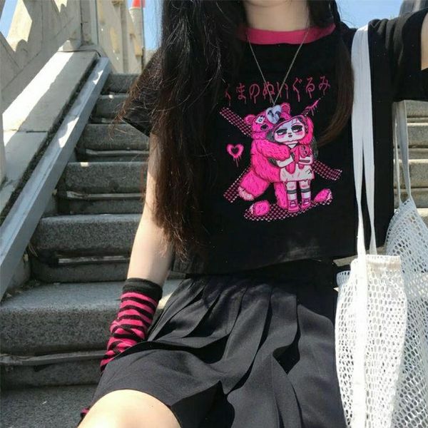 

women t shirt 90s e girl y2k bear graphic print front harajuku patchwork pink kawaii summer o neck short sleeve, White