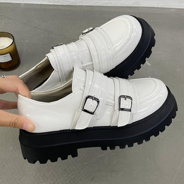 

dress shoes women's platform student leather comfortable round head fashion buckle design non-slip thick bottom ladies, Black