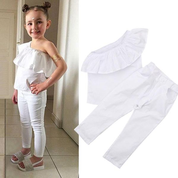 

clothing sets 2021 summer girls white off-shoulder ruffled blouse + trousers two-piece children's wear