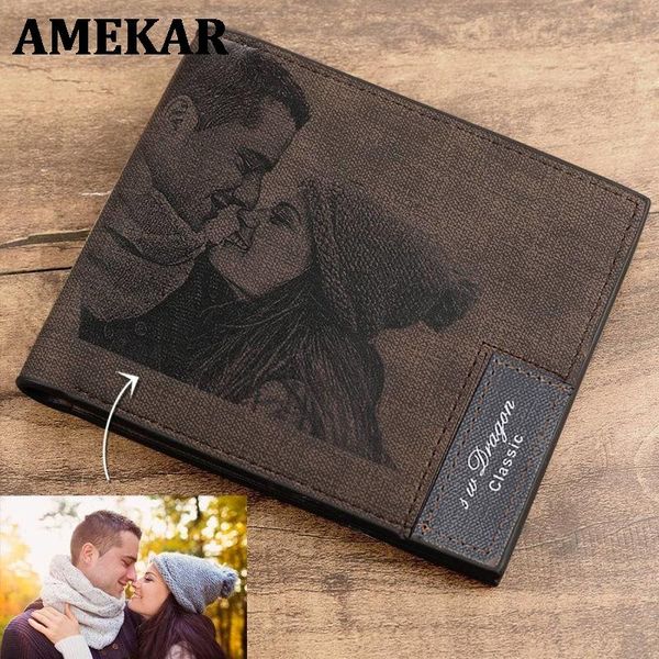 

card holders custom picture pu leather wallet men's bifold inscription po engraved thanksgiving gifts for him, Brown;gray
