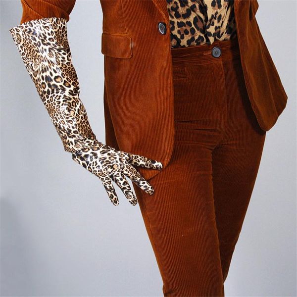 

five fingers gloves 50cm patent leather long wide cuff lantern sleeve emulation animal pattern brown leopard female, Blue;gray