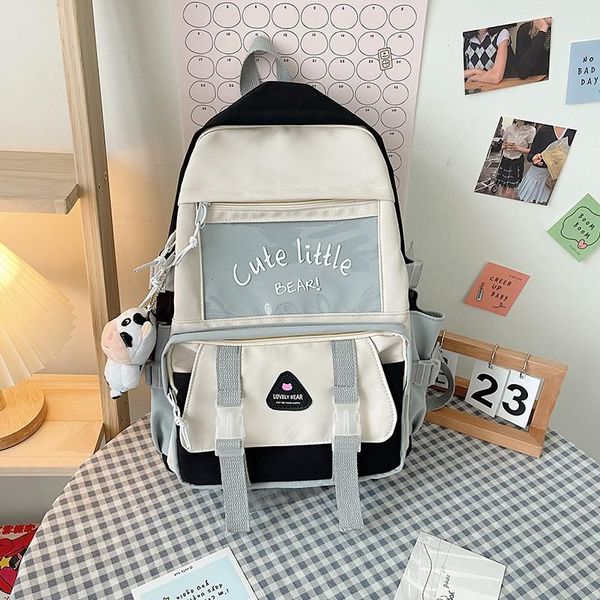 

school bags fashion women's backpack kawaii pendant contrast color bag for girls nylon large-capacity waterproof student travel