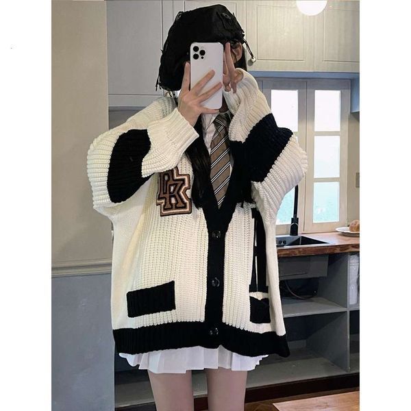 

college style knitted cardigan short autumn loose sweater coat, White;black