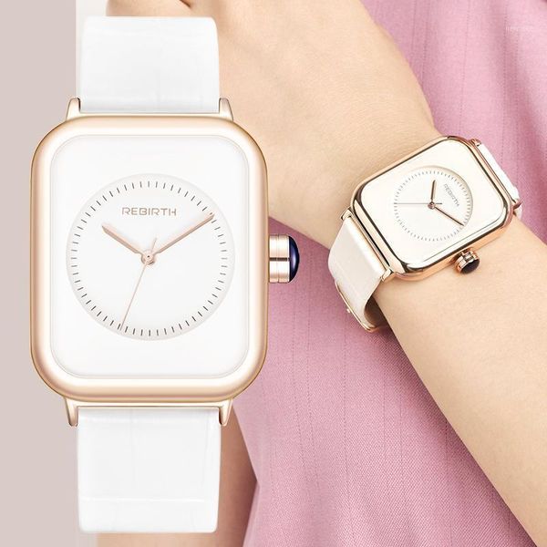 

wristwatches rebirth fashion women wrist watch 2021 white leather minimalist ladies quartz dress wristwatch relogio feminino montre femme, Slivery;brown