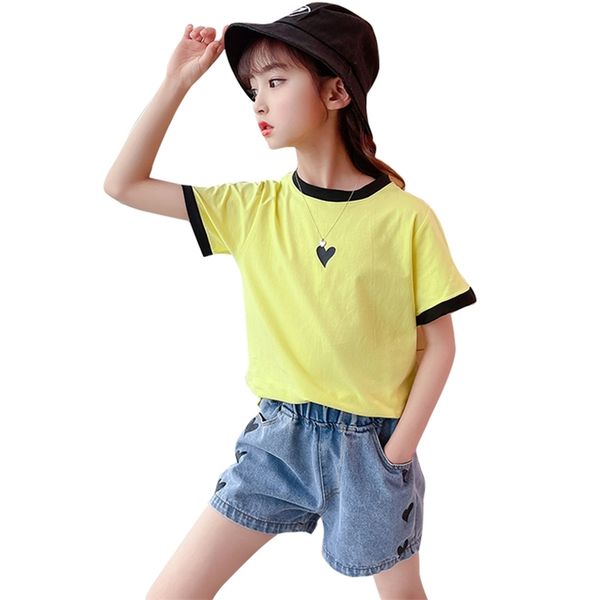 

teenage girl clothes patchwork tsjort + demin short 2pcs girls sets clothing summer childrens 6 8 10 12 14 210527, White